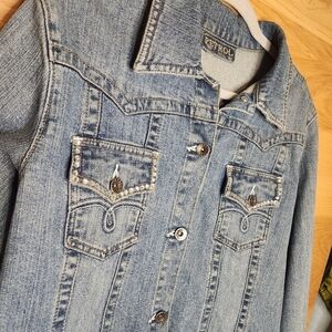 PETROL BRIDGET CLASSIC DENIM JACKET WITH RHINESTONE POCKET ACCENT SIZE LARGE EUC